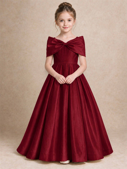Off Shoulder Satin Flower Girl Dress Pearl Trim Big Bow Princess Gown for Wedding First Communion