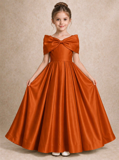 Off Shoulder Satin Flower Girl Dress Pearl Trim Big Bow Princess Gown for Wedding First Communion