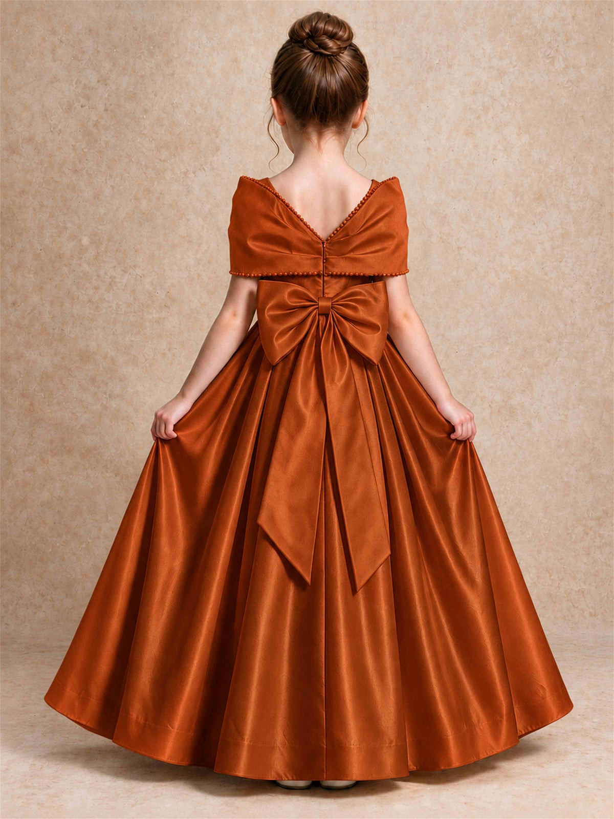 Off Shoulder Satin Flower Girl Dress Pearl Trim Big Bow Princess Gown for Wedding First Communion