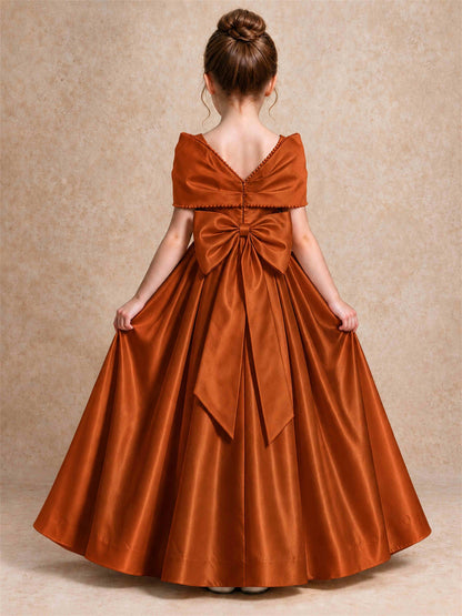 Off Shoulder Satin Flower Girl Dress Pearl Trim Big Bow Princess Gown for Wedding First Communion