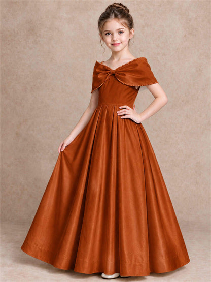 Off Shoulder Satin Flower Girl Dress Pearl Trim Big Bow Princess Gown for Wedding First Communion