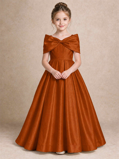Off Shoulder Satin Flower Girl Dress Pearl Trim Big Bow Princess Gown for Wedding First Communion