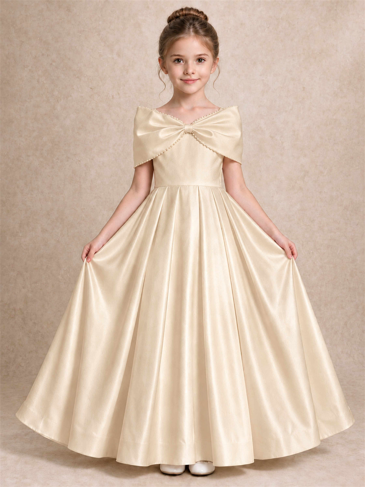 Off Shoulder Satin Flower Girl Dress Pearl Trim Big Bow Princess Gown for Wedding First Communion