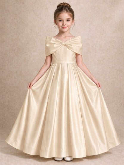 Off Shoulder Satin Flower Girl Dress Pearl Trim Big Bow Princess Gown for Wedding First Communion