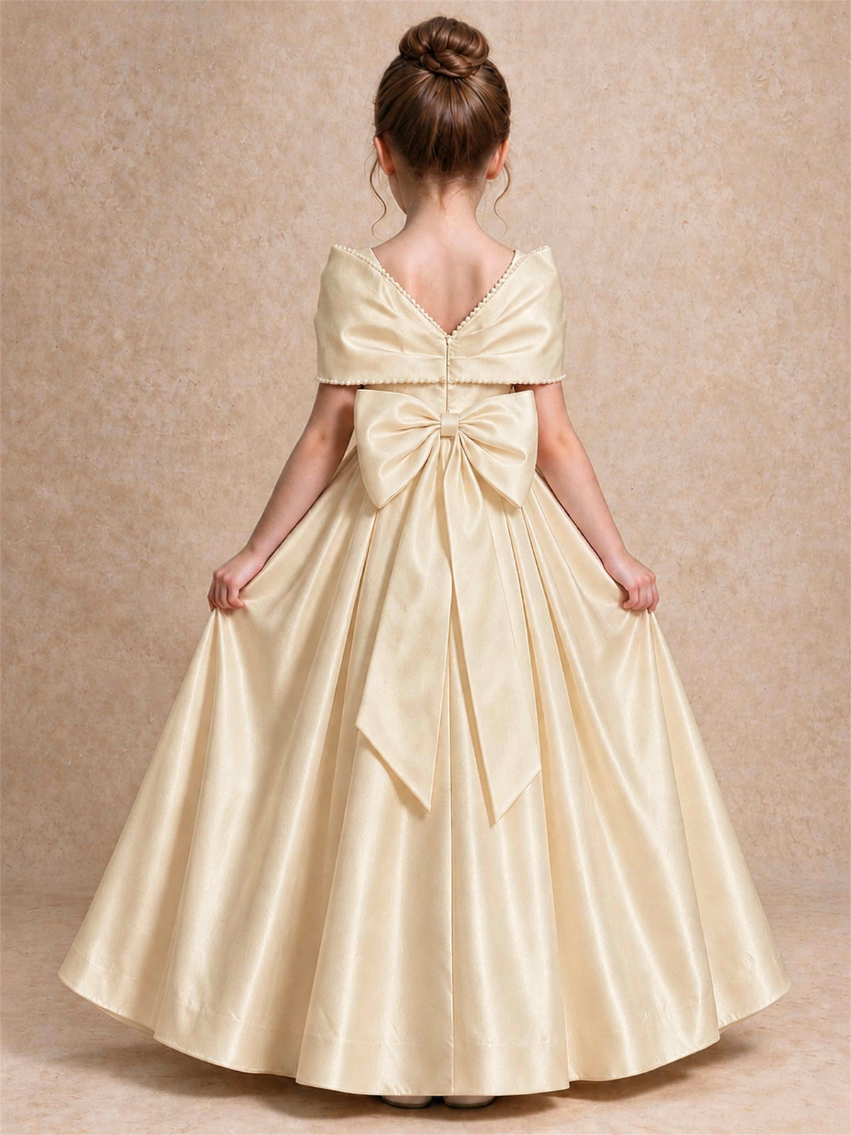 Off Shoulder Satin Flower Girl Dress Pearl Trim Big Bow Princess Gown for Wedding First Communion