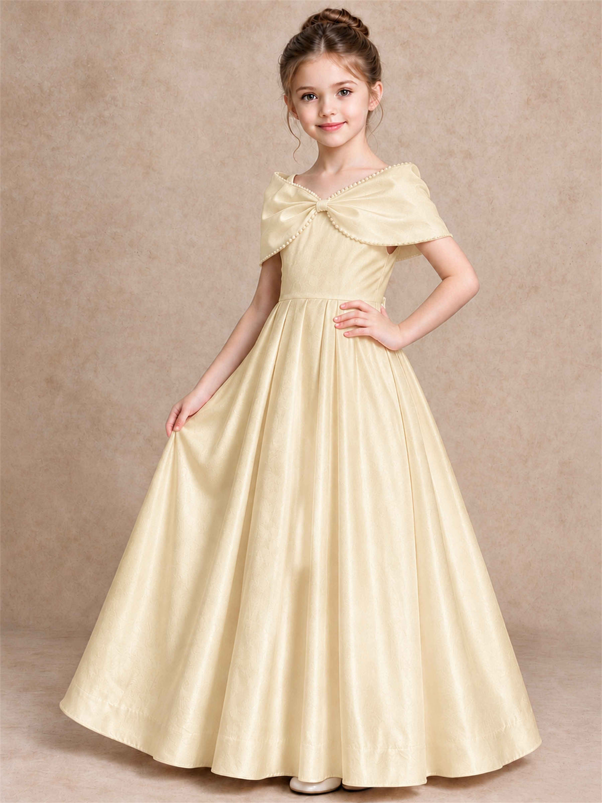 Off Shoulder Satin Flower Girl Dress Pearl Trim Big Bow Princess Gown for Wedding First Communion