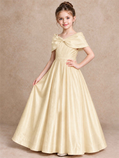 Off Shoulder Satin Flower Girl Dress Pearl Trim Big Bow Princess Gown for Wedding First Communion