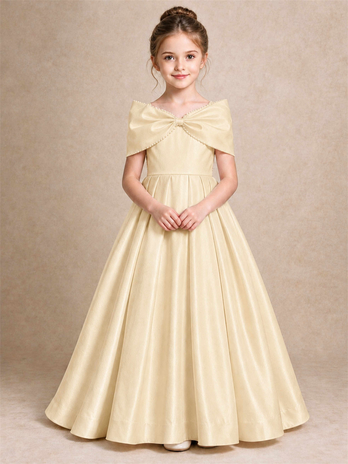 Off Shoulder Satin Flower Girl Dress Pearl Trim Big Bow Princess Gown for Wedding First Communion