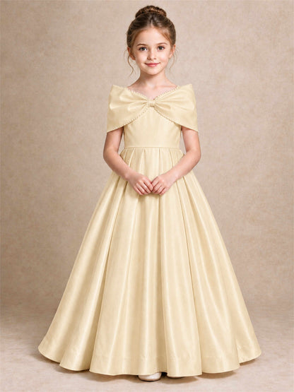 Off Shoulder Satin Flower Girl Dress Pearl Trim Big Bow Princess Gown for Wedding First Communion