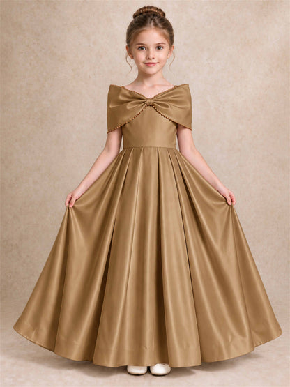 Off Shoulder Satin Flower Girl Dress Pearl Trim Big Bow Princess Gown for Wedding First Communion