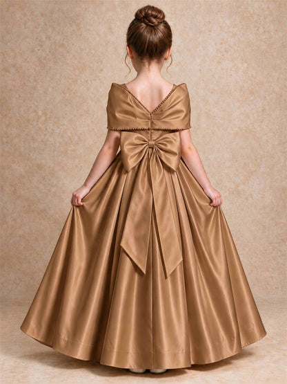 Off Shoulder Satin Flower Girl Dress Pearl Trim Big Bow Princess Gown for Wedding First Communion