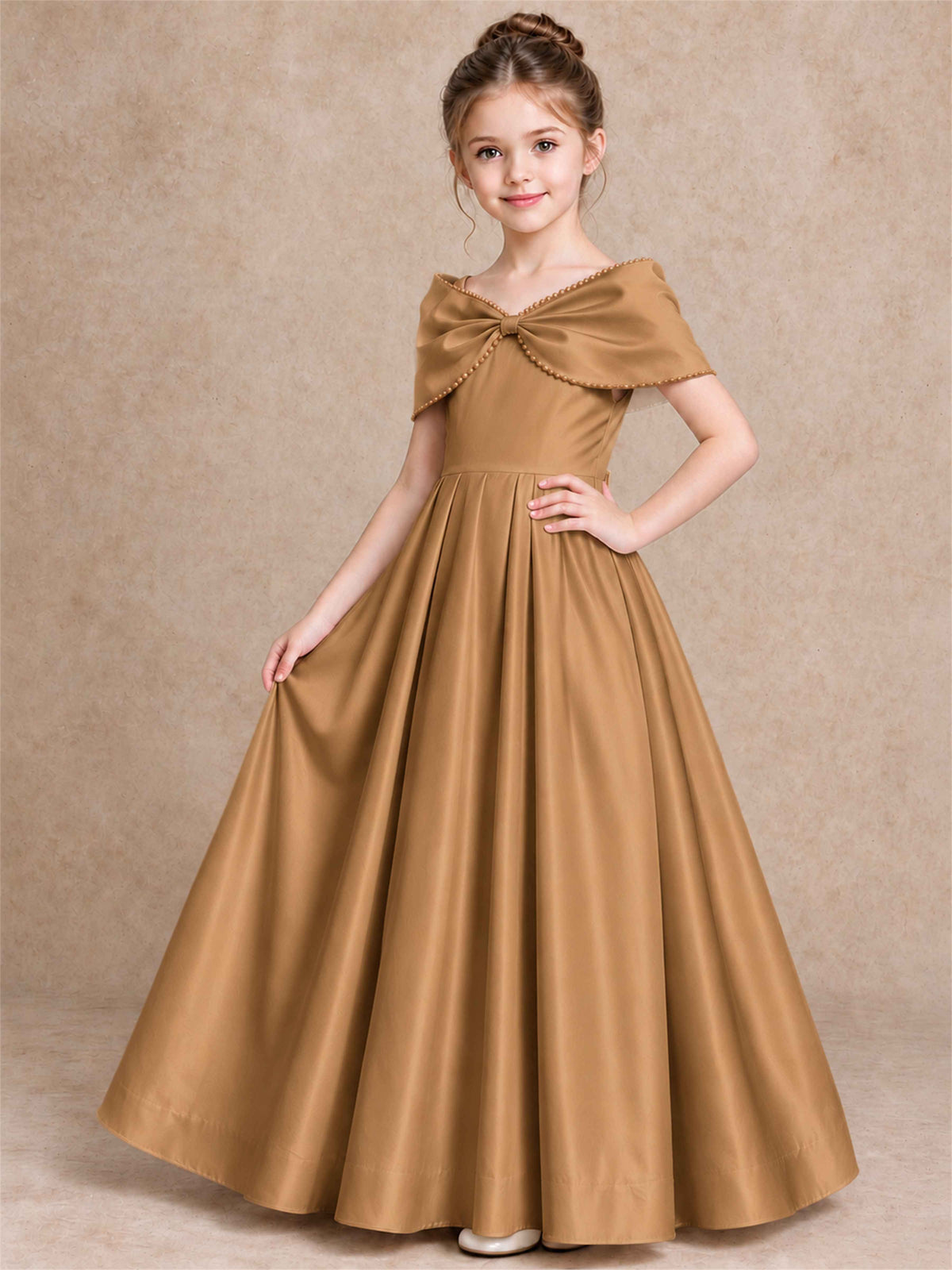 Off Shoulder Satin Flower Girl Dress Pearl Trim Big Bow Princess Gown for Wedding First Communion