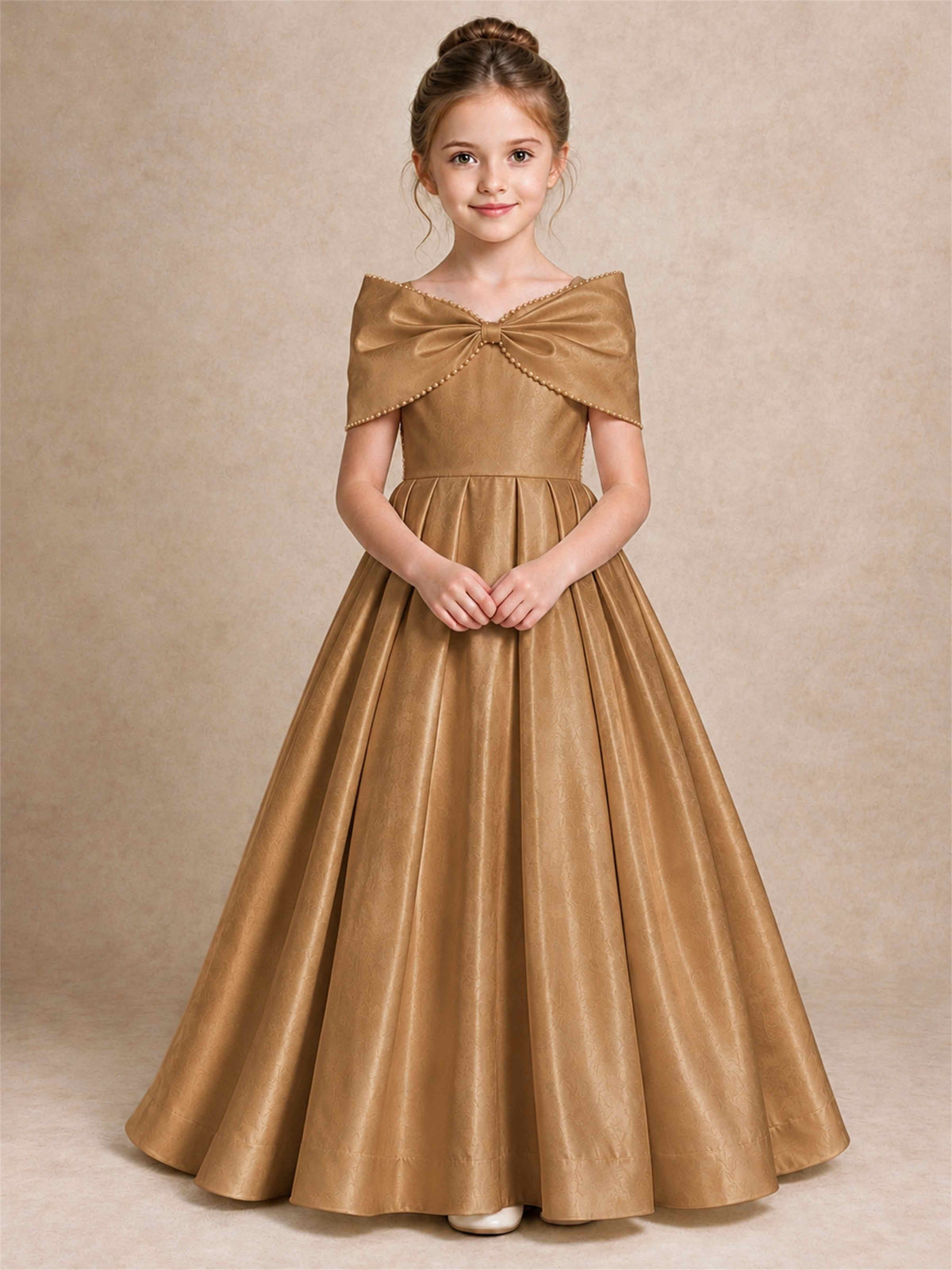 Off Shoulder Satin Flower Girl Dress Pearl Trim Big Bow Princess Gown for Wedding First Communion