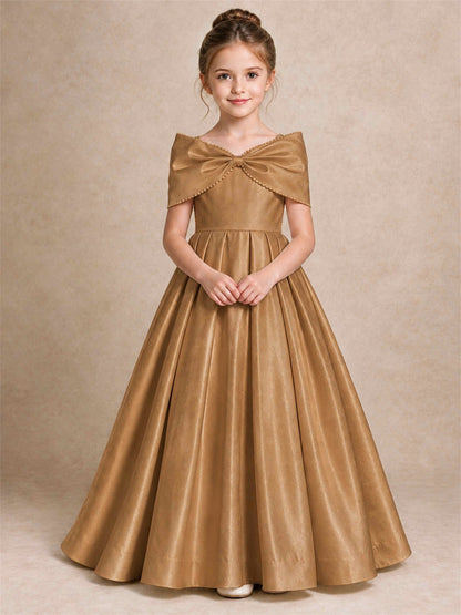 Off Shoulder Satin Flower Girl Dress Pearl Trim Big Bow Princess Gown for Wedding First Communion