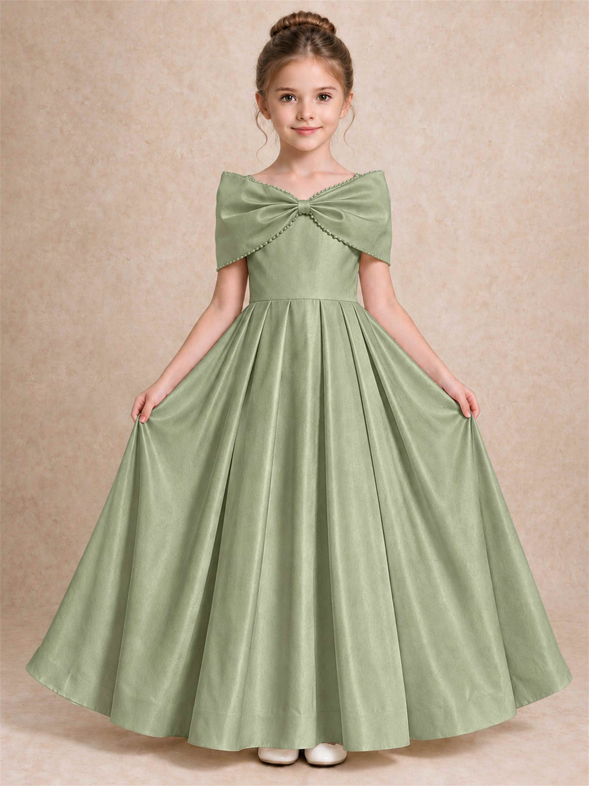 Off Shoulder Satin Flower Girl Dress Pearl Trim Big Bow Princess Gown for Wedding First Communion