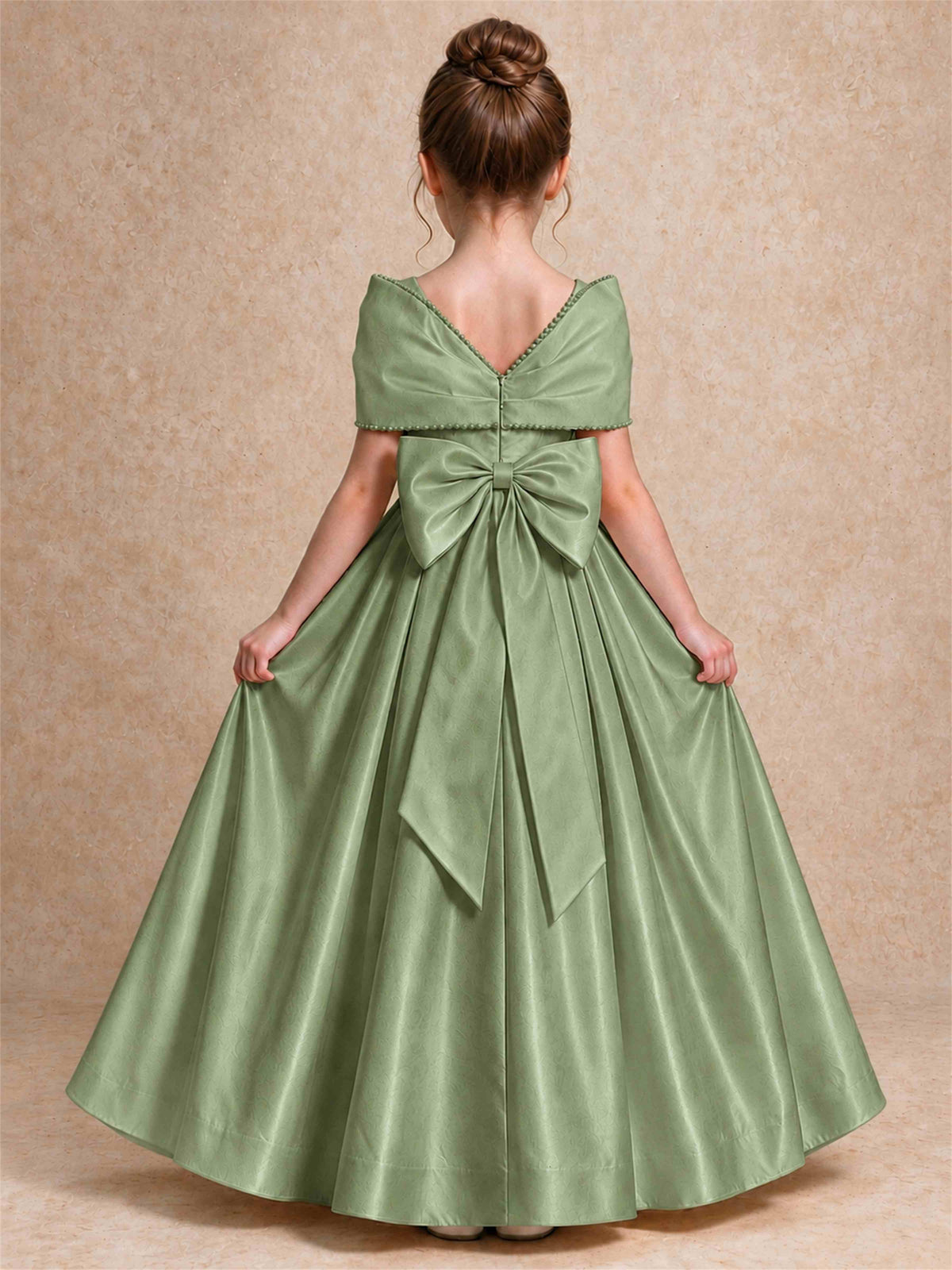 Off Shoulder Satin Flower Girl Dress Pearl Trim Big Bow Princess Gown for Wedding First Communion