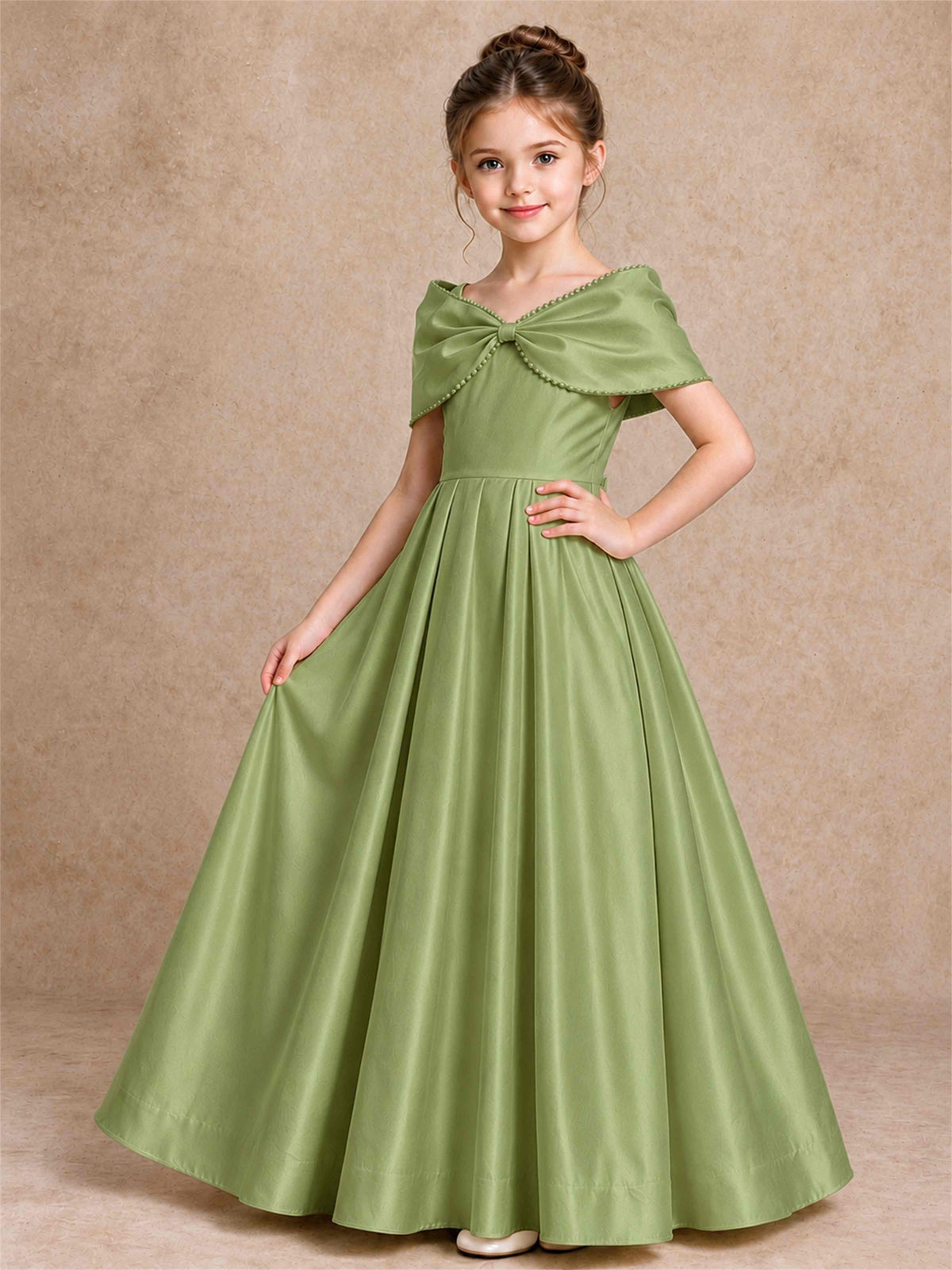 Off Shoulder Satin Flower Girl Dress Pearl Trim Big Bow Princess Gown for Wedding First Communion