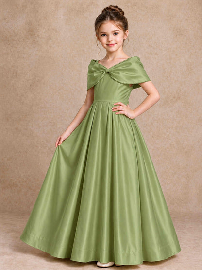 Off Shoulder Satin Flower Girl Dress Pearl Trim Big Bow Princess Gown for Wedding First Communion