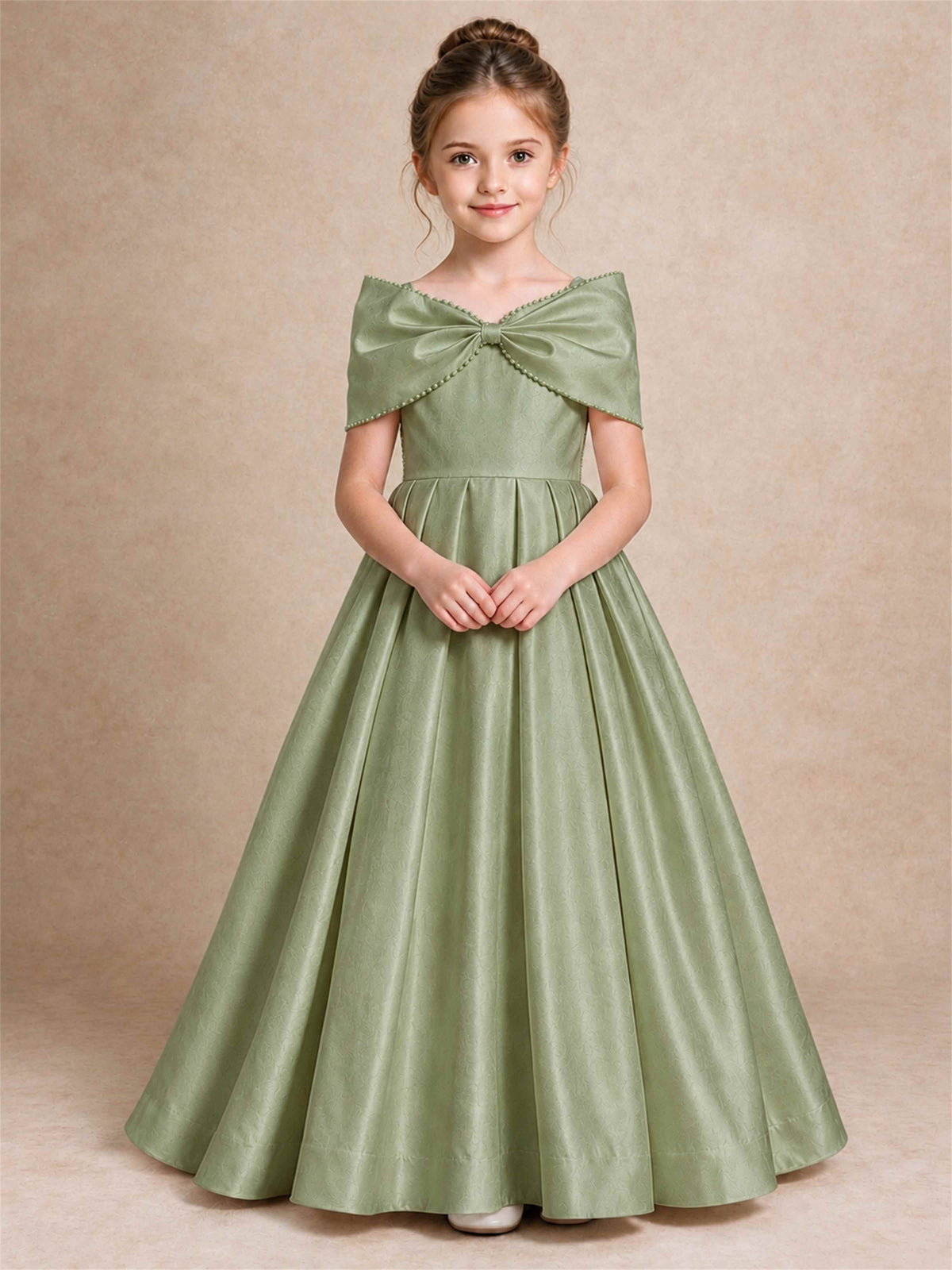 Off Shoulder Satin Flower Girl Dress Pearl Trim Big Bow Princess Gown for Wedding First Communion