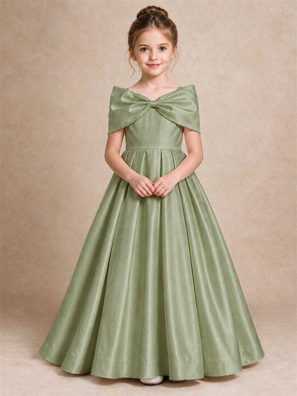 Off Shoulder Satin Flower Girl Dress Pearl Trim Big Bow Princess Gown for Wedding First Communion