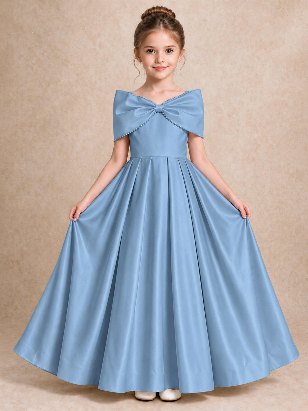 Off Shoulder Satin Flower Girl Dress Pearl Trim Big Bow Princess Gown for Wedding First Communion