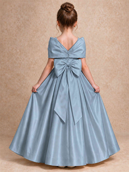 Off Shoulder Satin Flower Girl Dress Pearl Trim Big Bow Princess Gown for Wedding First Communion