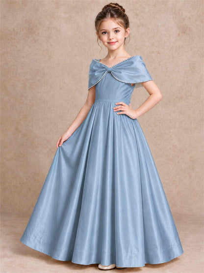 Off Shoulder Satin Flower Girl Dress Pearl Trim Big Bow Princess Gown for Wedding First Communion