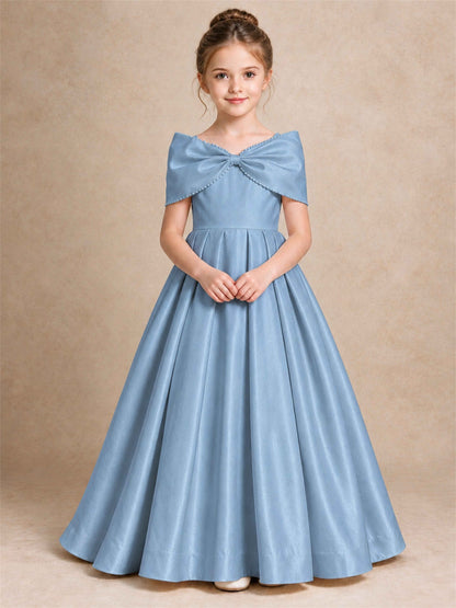 Off Shoulder Satin Flower Girl Dress Pearl Trim Big Bow Princess Gown for Wedding First Communion