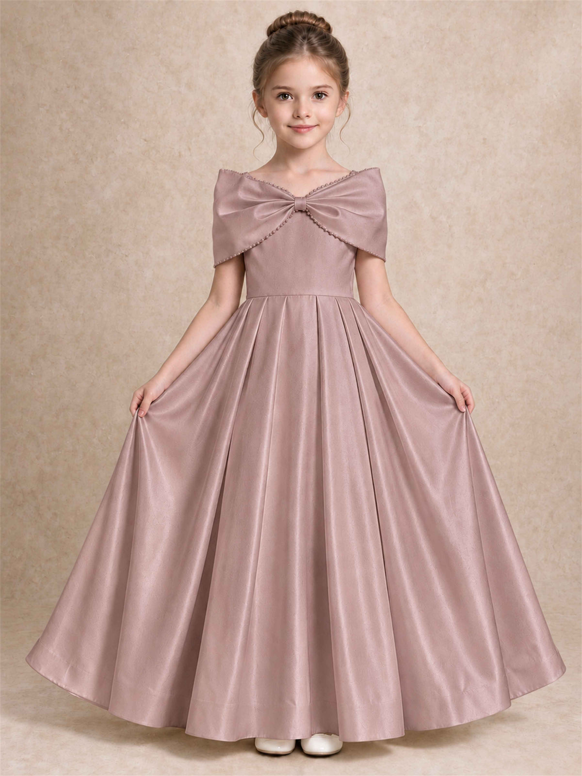 Off Shoulder Satin Flower Girl Dress Pearl Trim Big Bow Princess Gown for Wedding First Communion