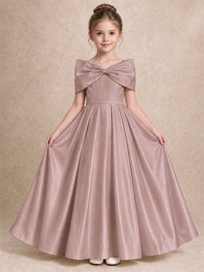 Off Shoulder Satin Flower Girl Dress Pearl Trim Big Bow Princess Gown for Wedding First Communion