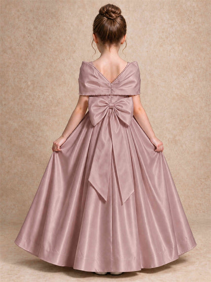 Off Shoulder Satin Flower Girl Dress Pearl Trim Big Bow Princess Gown for Wedding First Communion