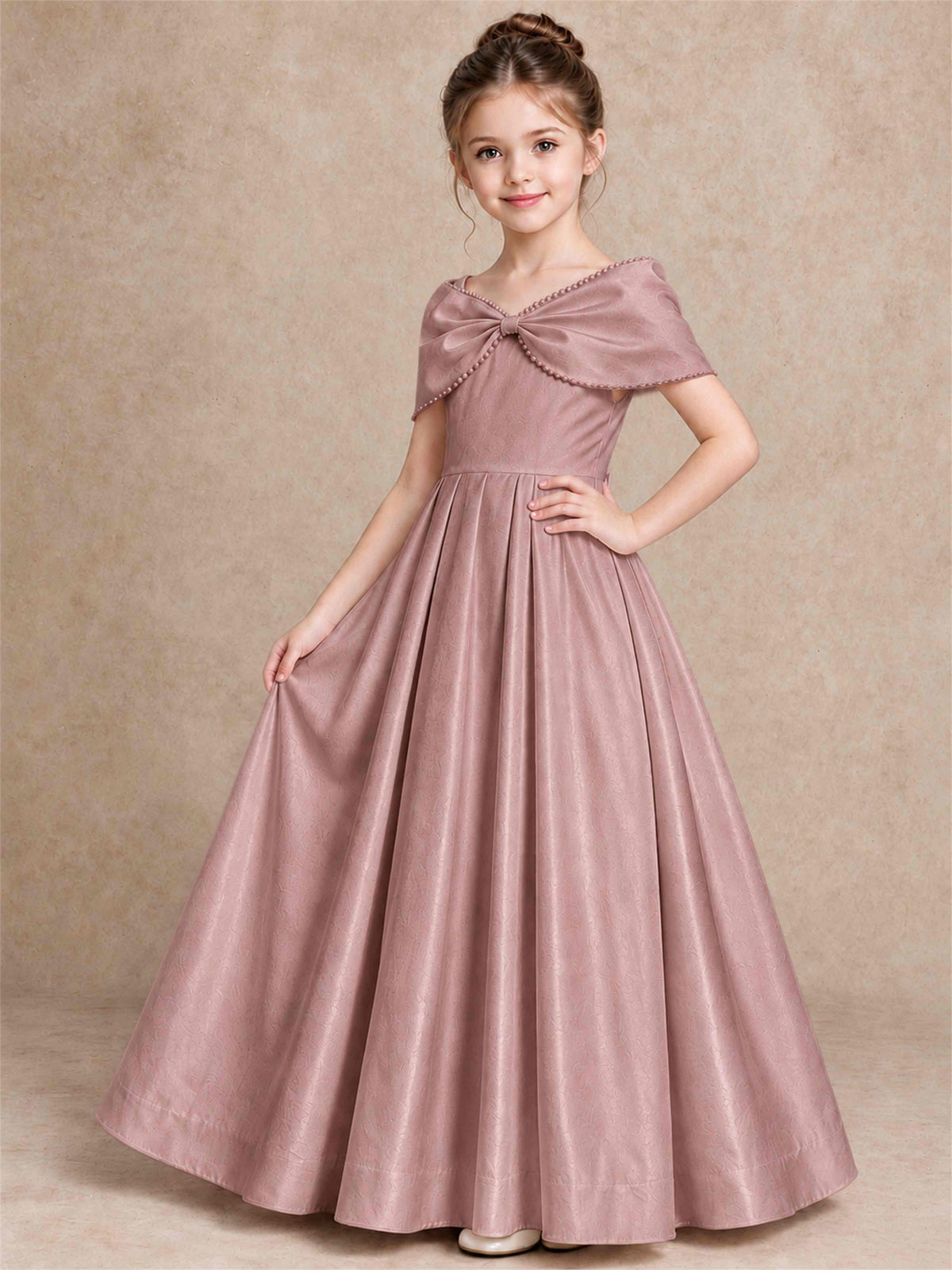Off Shoulder Satin Flower Girl Dress Pearl Trim Big Bow Princess Gown for Wedding First Communion