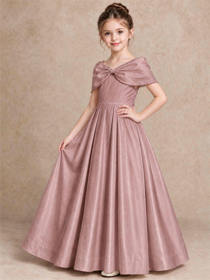 Off Shoulder Satin Flower Girl Dress Pearl Trim Big Bow Princess Gown for Wedding First Communion