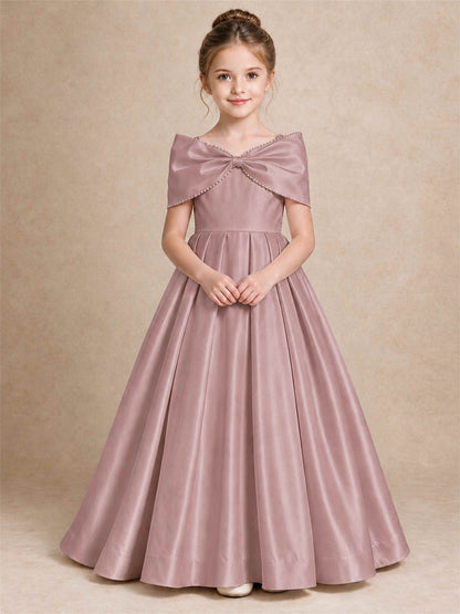 Off Shoulder Satin Flower Girl Dress Pearl Trim Big Bow Princess Gown for Wedding First Communion