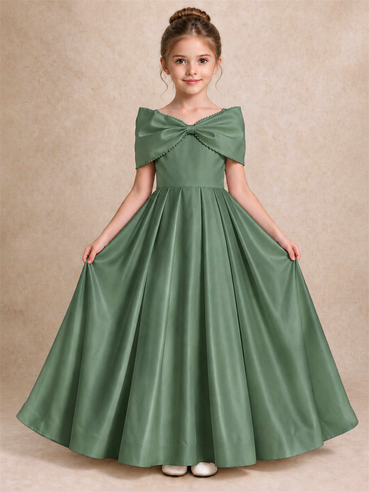 Off Shoulder Satin Flower Girl Dress Pearl Trim Big Bow Princess Gown for Wedding First Communion