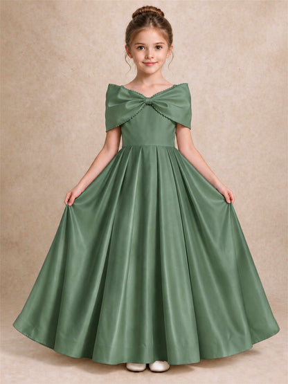Off Shoulder Satin Flower Girl Dress Pearl Trim Big Bow Princess Gown for Wedding First Communion