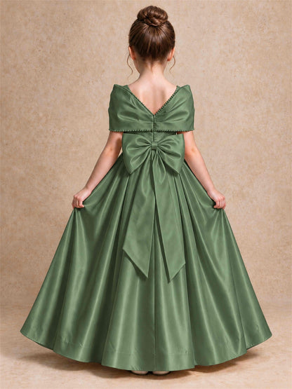 Off Shoulder Satin Flower Girl Dress Pearl Trim Big Bow Princess Gown for Wedding First Communion