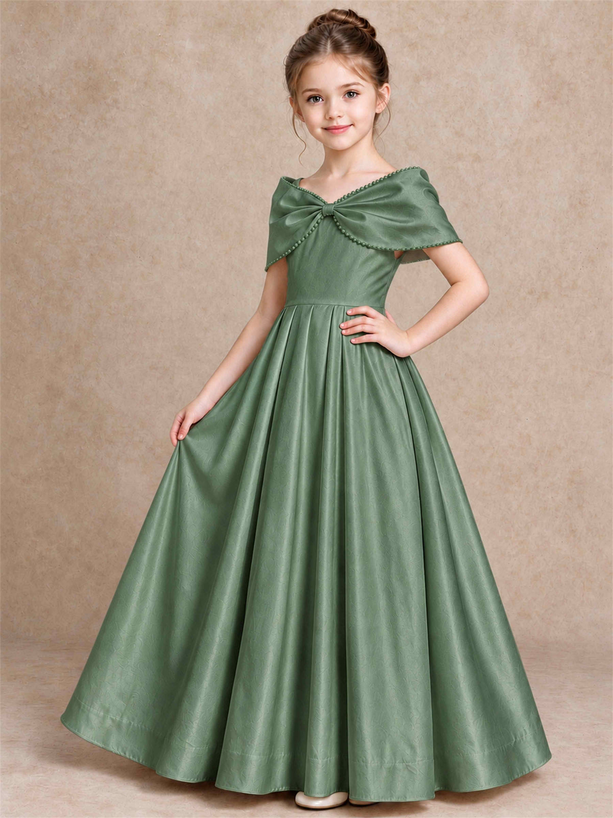 Off Shoulder Satin Flower Girl Dress Pearl Trim Big Bow Princess Gown for Wedding First Communion