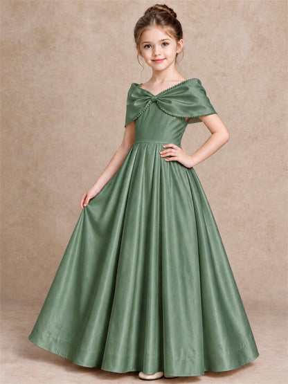 Off Shoulder Satin Flower Girl Dress Pearl Trim Big Bow Princess Gown for Wedding First Communion