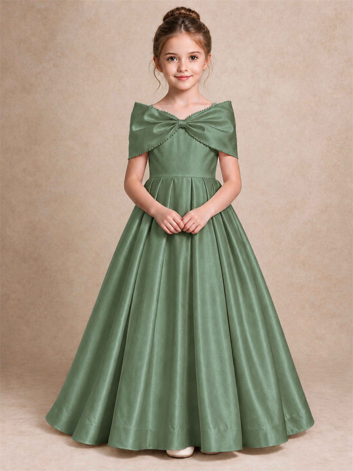 Off Shoulder Satin Flower Girl Dress Pearl Trim Big Bow Princess Gown for Wedding First Communion