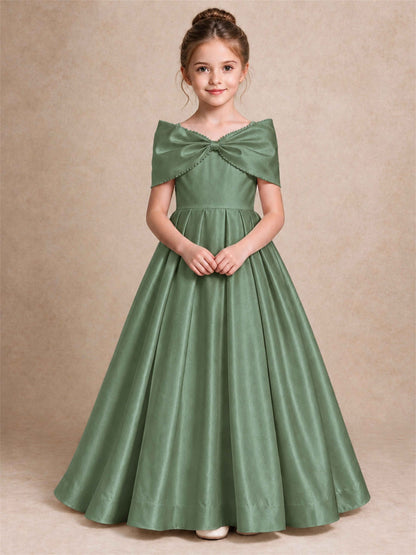Off Shoulder Satin Flower Girl Dress Pearl Trim Big Bow Princess Gown for Wedding First Communion