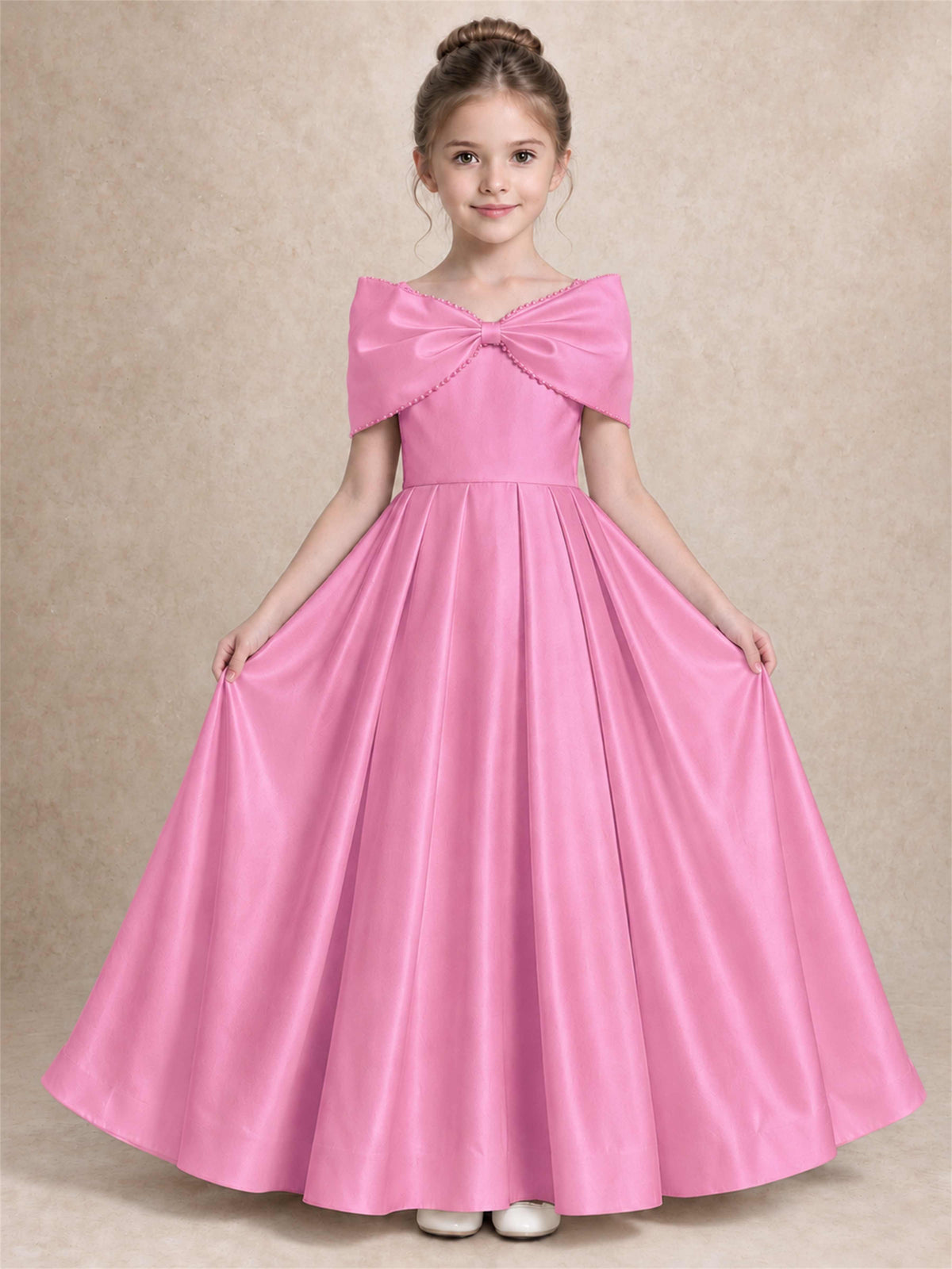 Off Shoulder Satin Flower Girl Dress Pearl Trim Big Bow Princess Gown for Wedding First Communion