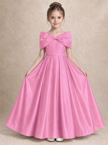 Off Shoulder Satin Flower Girl Dress Pearl Trim Big Bow Princess Gown for Wedding First Communion