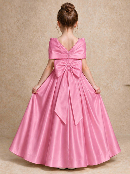 Off Shoulder Satin Flower Girl Dress Pearl Trim Big Bow Princess Gown for Wedding First Communion