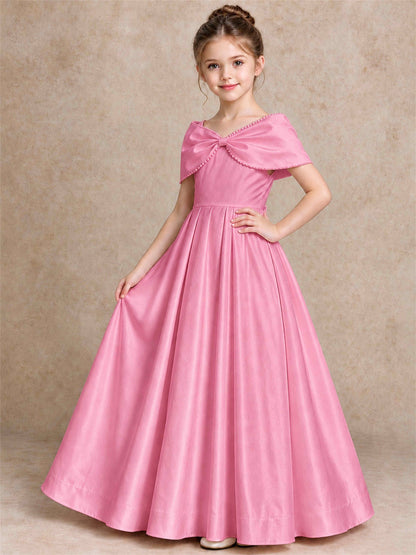 Off Shoulder Satin Flower Girl Dress Pearl Trim Big Bow Princess Gown for Wedding First Communion