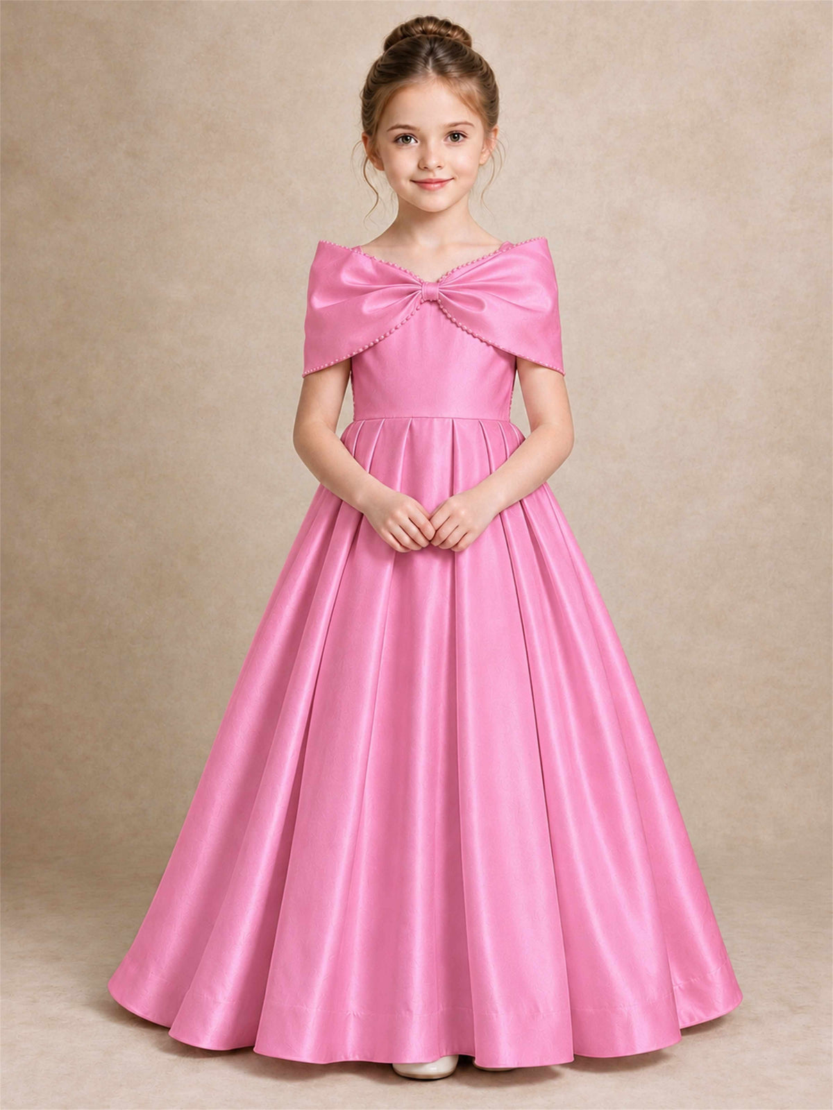 Off Shoulder Satin Flower Girl Dress Pearl Trim Big Bow Princess Gown for Wedding First Communion