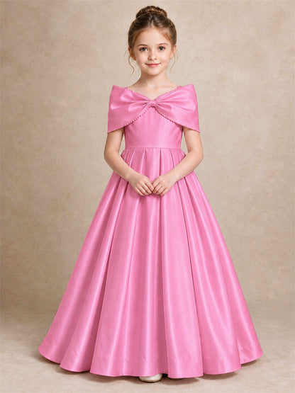 Off Shoulder Satin Flower Girl Dress Pearl Trim Big Bow Princess Gown for Wedding First Communion