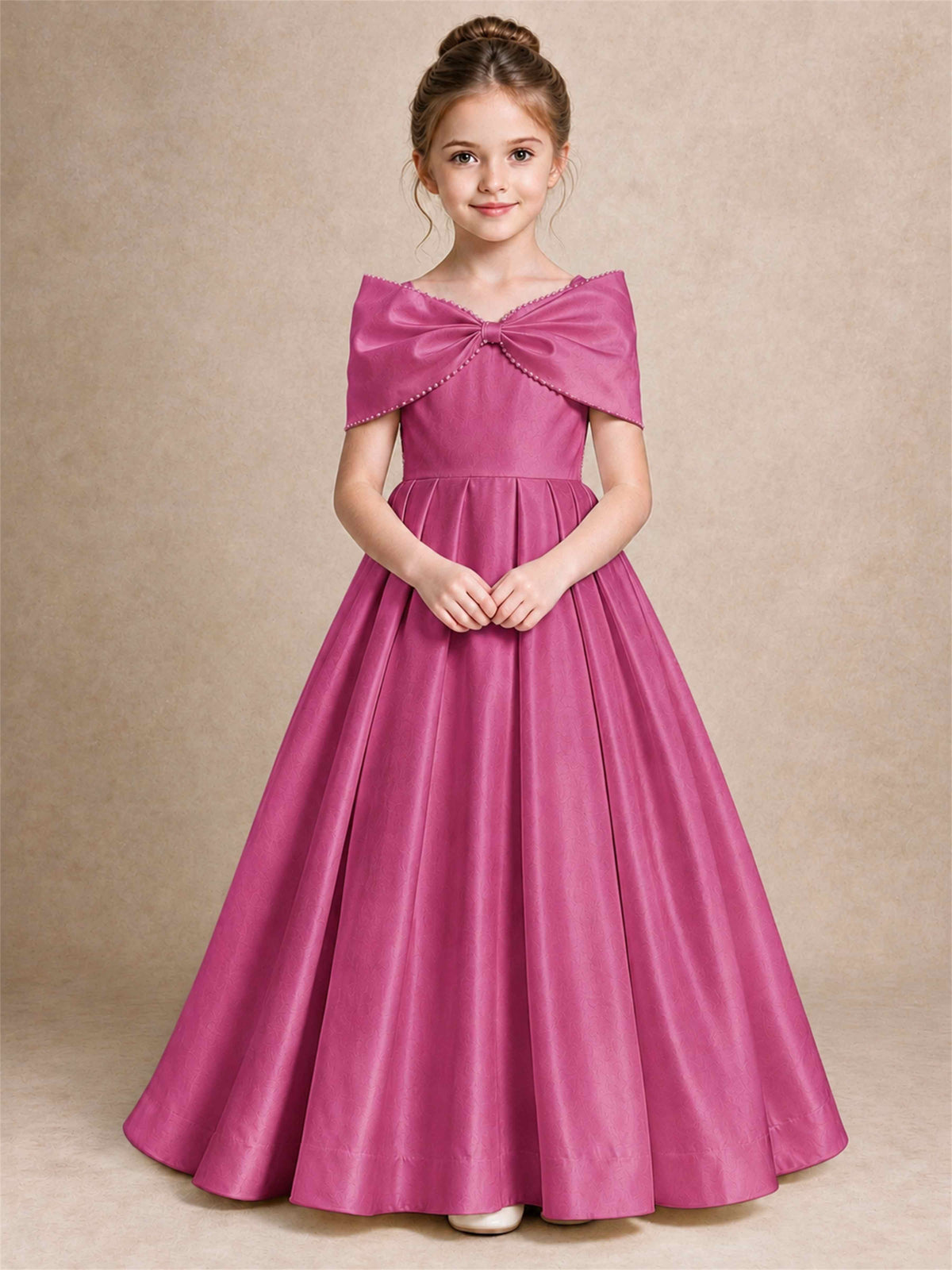 Off Shoulder Satin Flower Girl Dress Pearl Trim Big Bow Princess Gown for Wedding First Communion