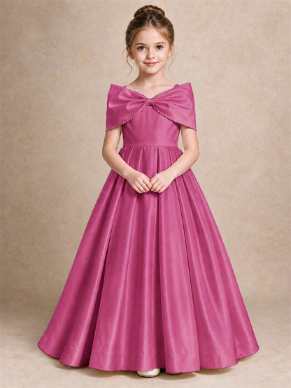 Off Shoulder Satin Flower Girl Dress Pearl Trim Big Bow Princess Gown for Wedding First Communion