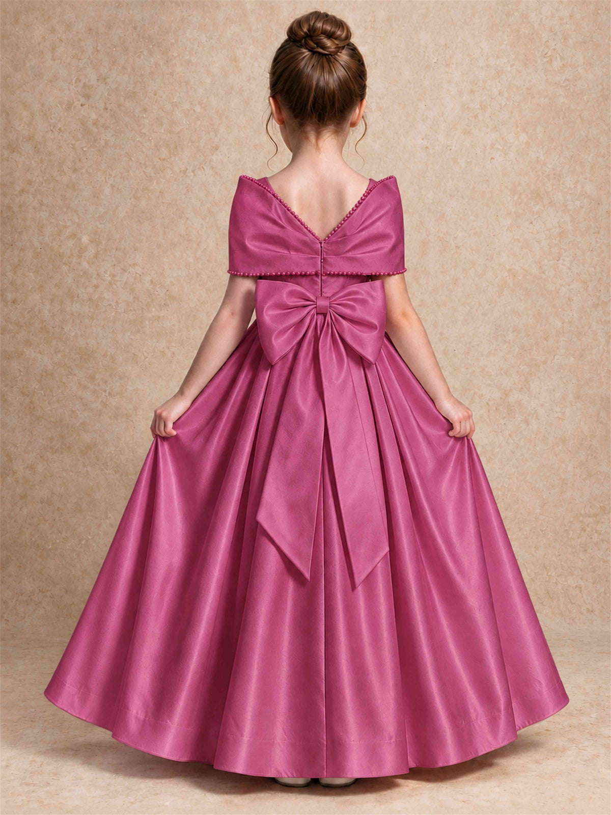 Off Shoulder Satin Flower Girl Dress Pearl Trim Big Bow Princess Gown for Wedding First Communion